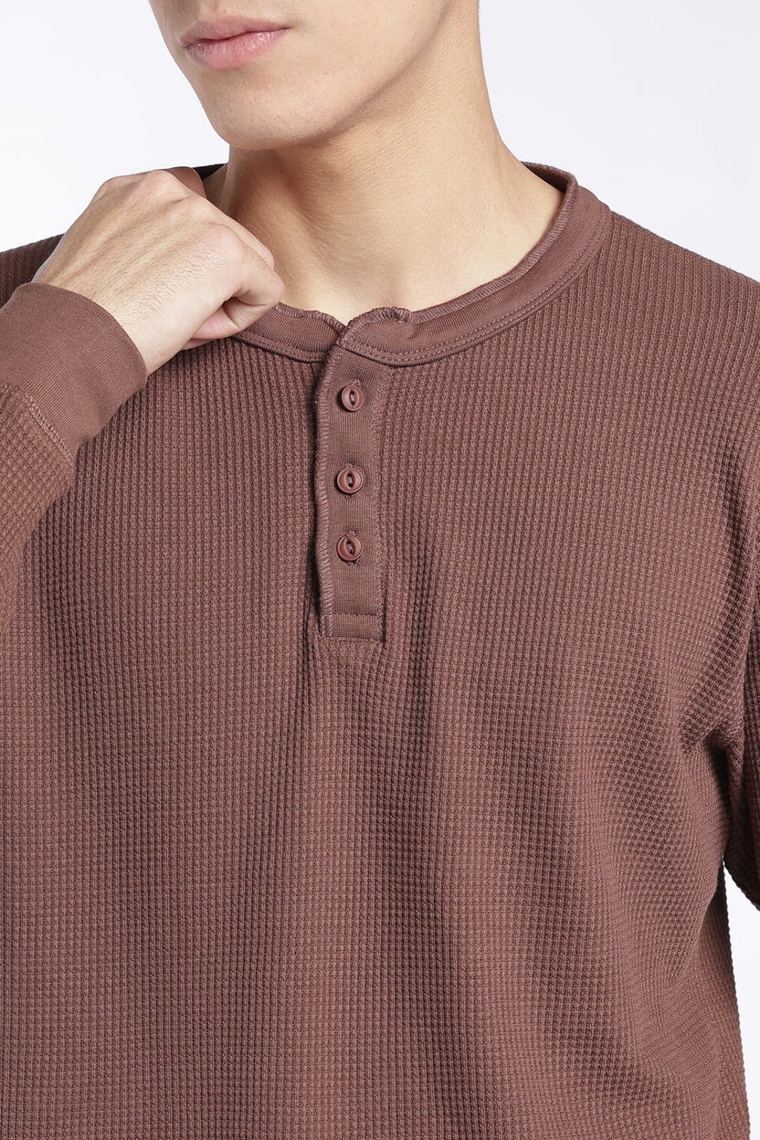 Mens Regular Fit Brown Rib Henley Sweatshirt - Image 7