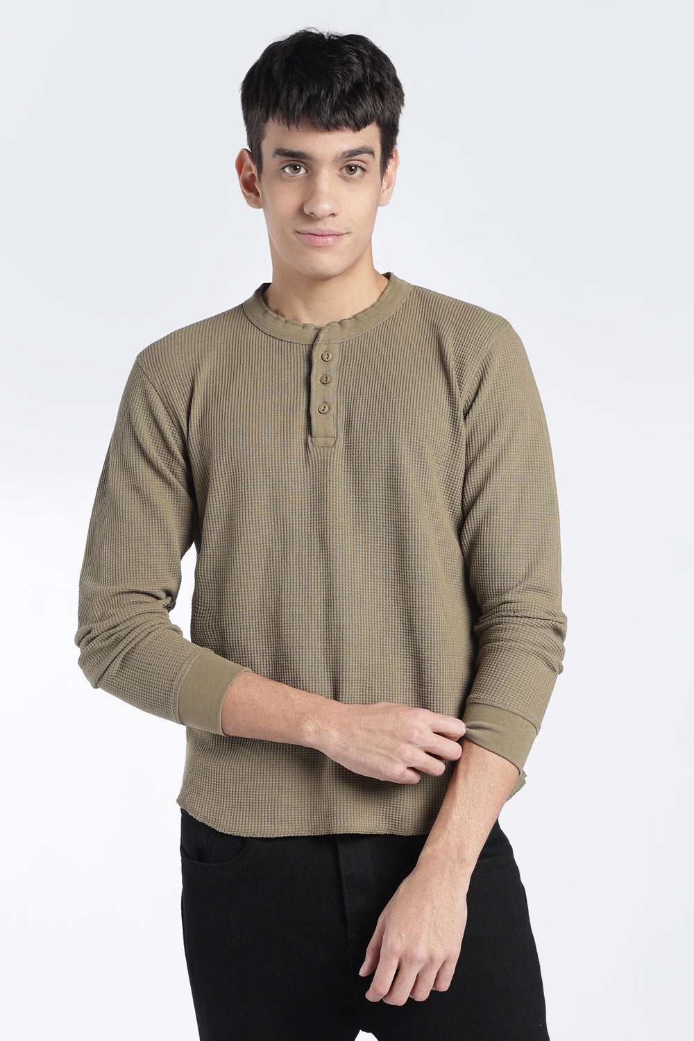 Mens Regular Fit Olive Rib Henley Sweatshirt - Image 1