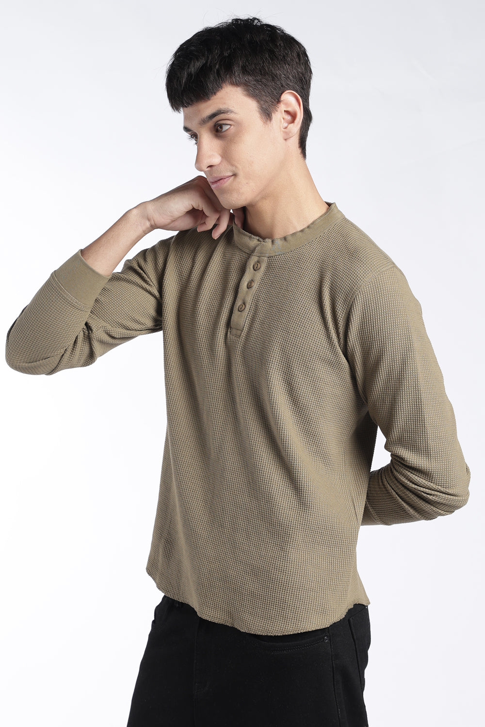 Mens Regular Fit Olive Rib Henley Sweatshirt - Image 2