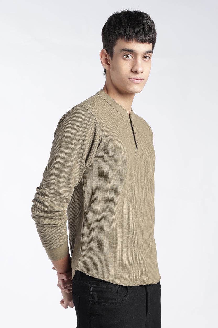 Mens Regular Fit Olive Rib Henley Sweatshirt - Image 4