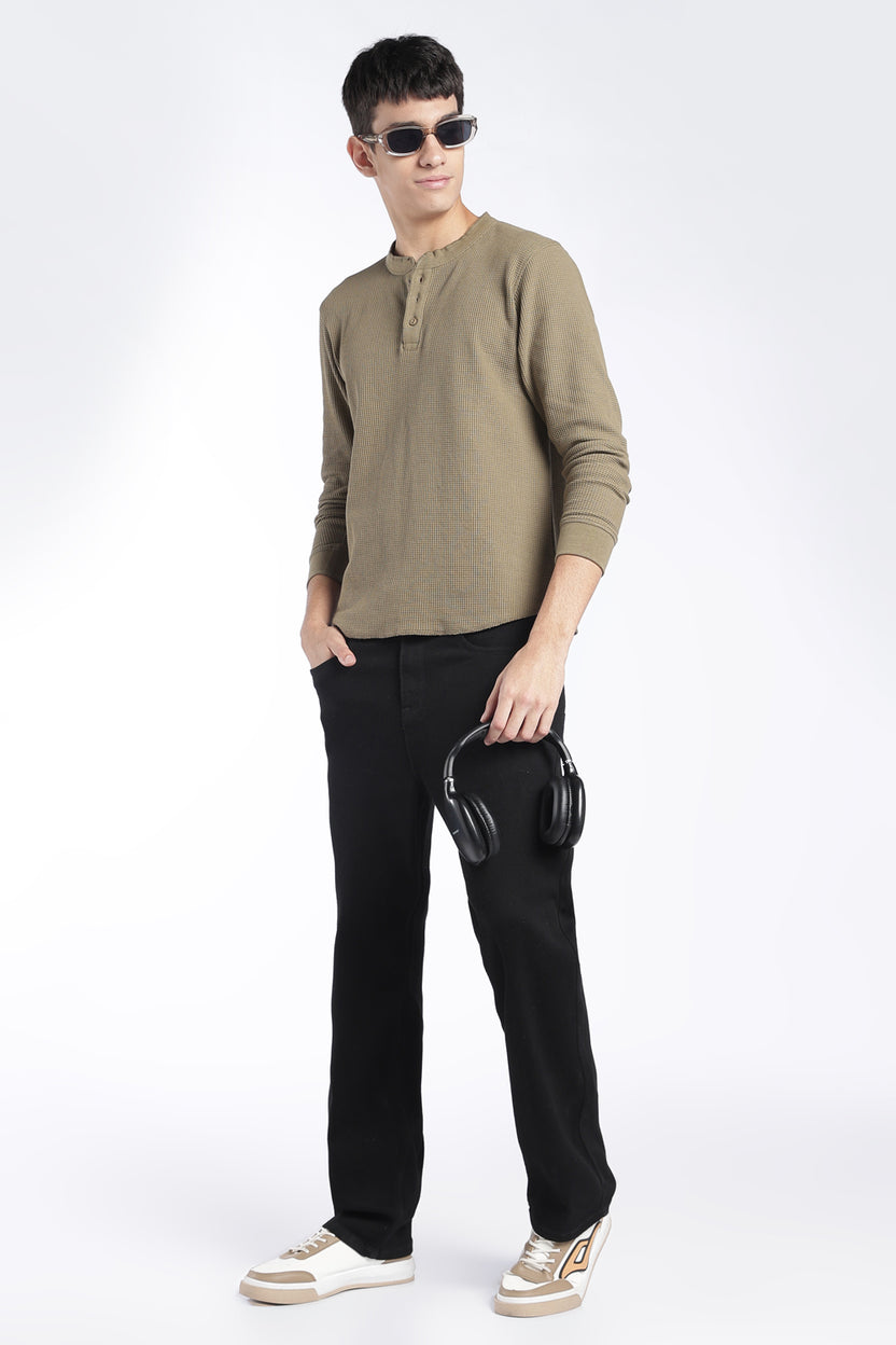 Mens Regular Fit Olive Rib Henley Sweatshirt - Image 6