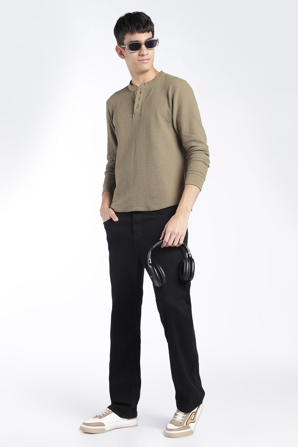 Mens Regular Fit Olive Rib Henley Sweatshirt - Image 6