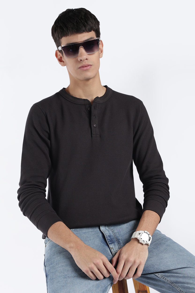 Mens Regular Fit Charcoal Rib Henley Sweatshirt - Image 1