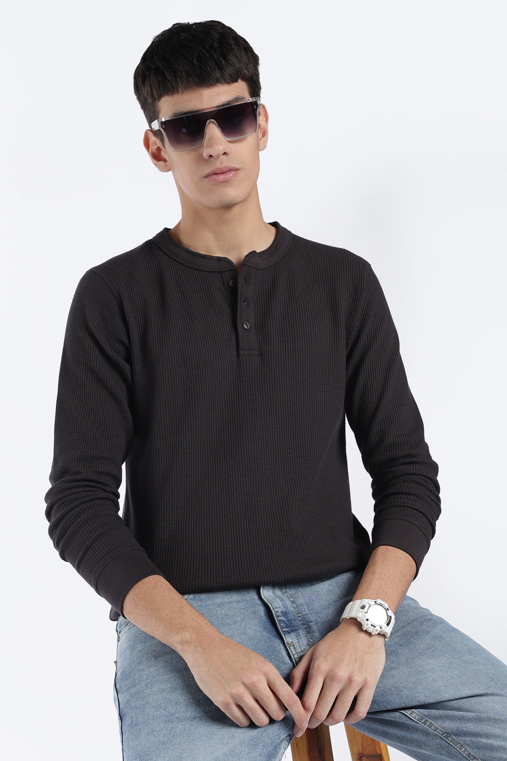 Mens Regular Fit Charcoal Rib Henley Sweatshirt - Image 1