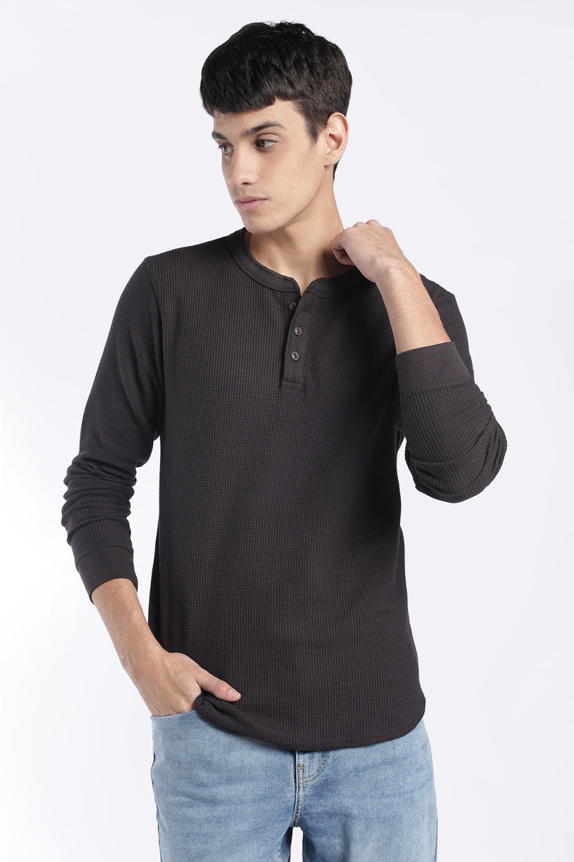 Mens Regular Fit Charcoal Rib Henley Sweatshirt - Image 2