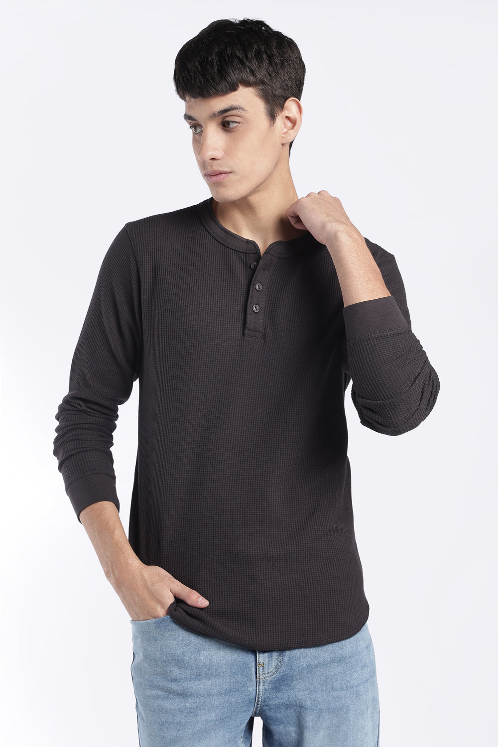 Mens Regular Fit Charcoal Rib Henley Sweatshirt - Image 2