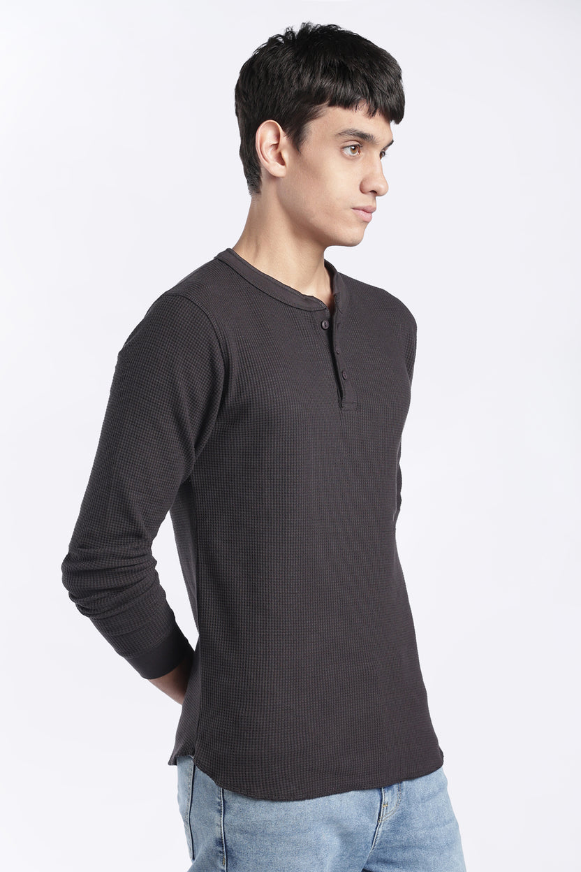 Mens Regular Fit Charcoal Rib Henley Sweatshirt - Image 4