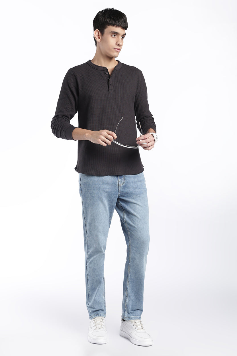 Mens Regular Fit Charcoal Rib Henley Sweatshirt - Image 6