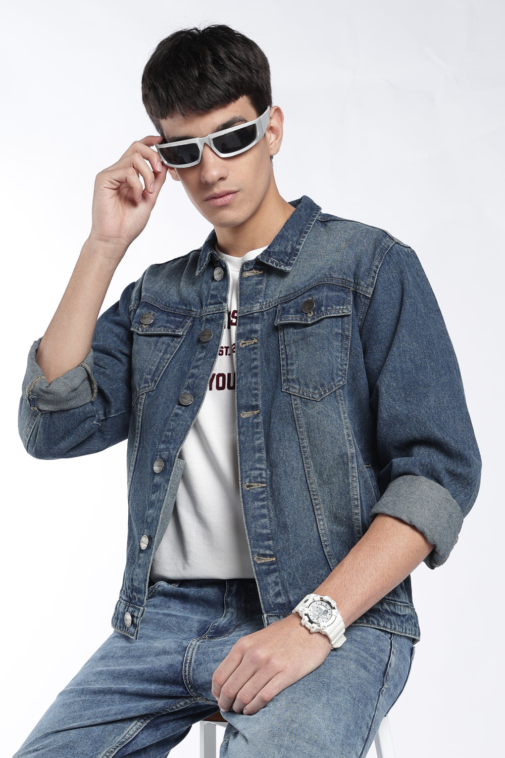 Mens Regular Fit Blue Washed Denim Jacket - Image 1