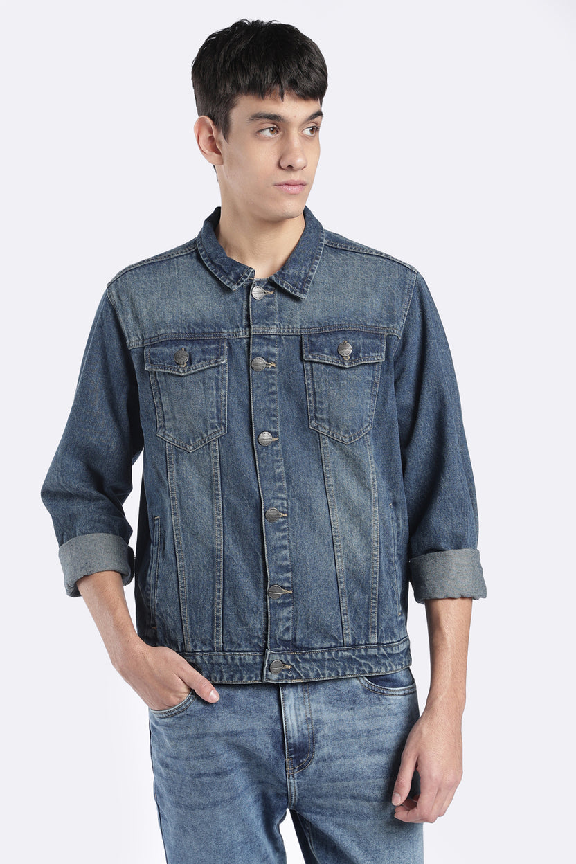 Mens Regular Fit Blue Washed Denim Jacket - Image 2