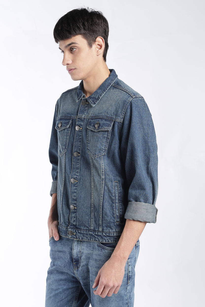 Mens Regular Fit Blue Washed Denim Jacket - Image 4