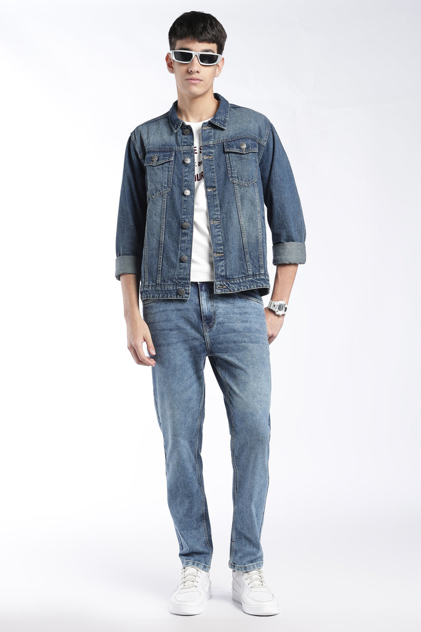 Mens Regular Fit Blue Washed Denim Jacket - Image 6