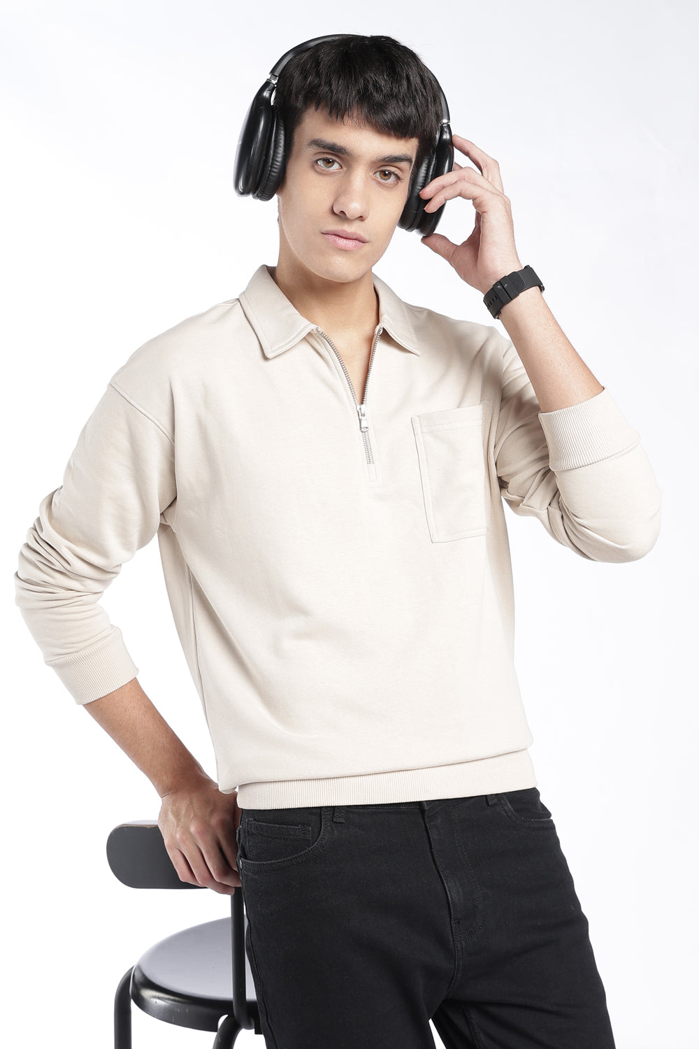 Mens Regular Fit Cream Quarter Zip Sweatshirt - Image 1