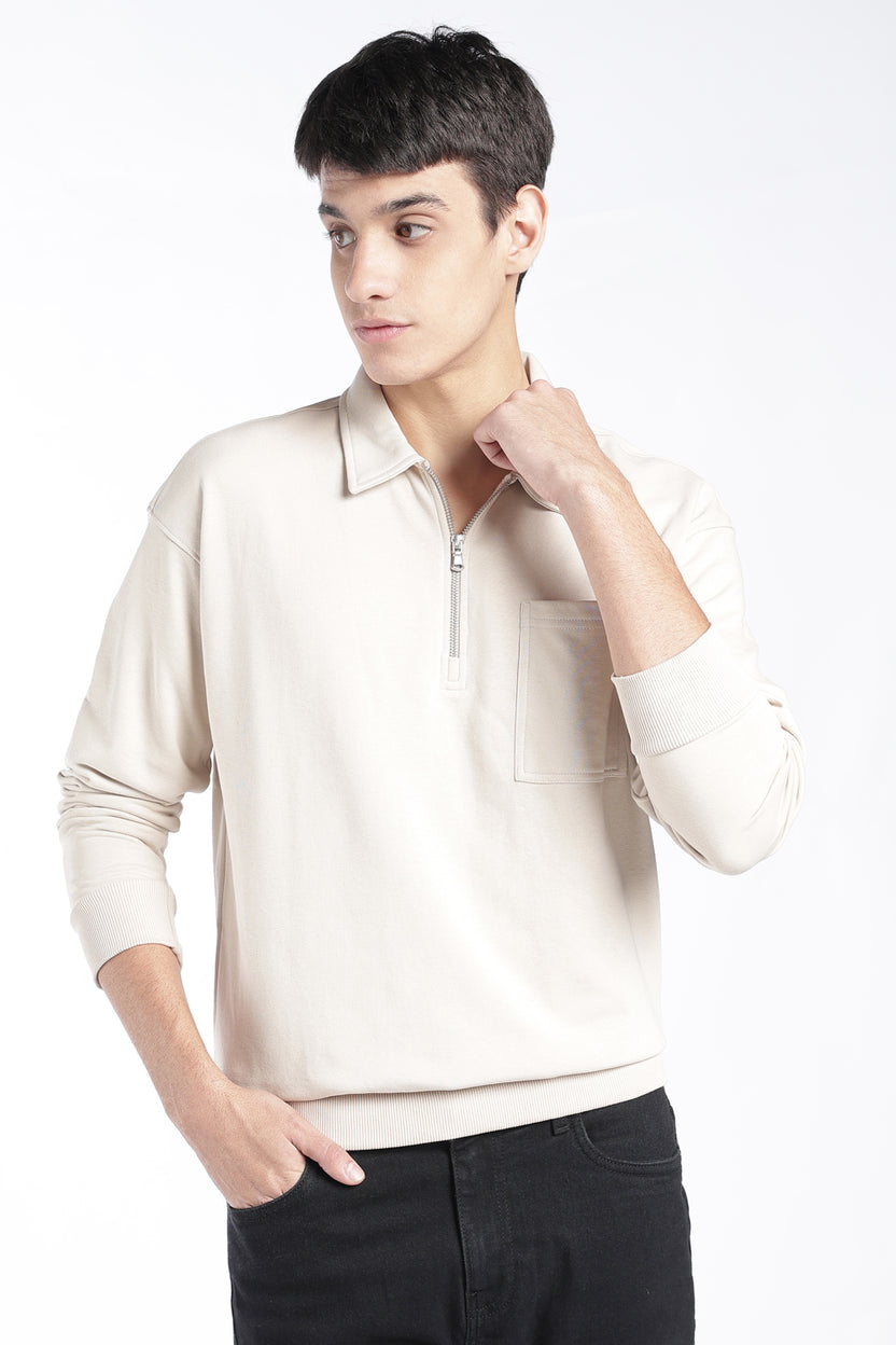 Mens Regular Fit Cream Quarter Zip Sweatshirt - Image 2