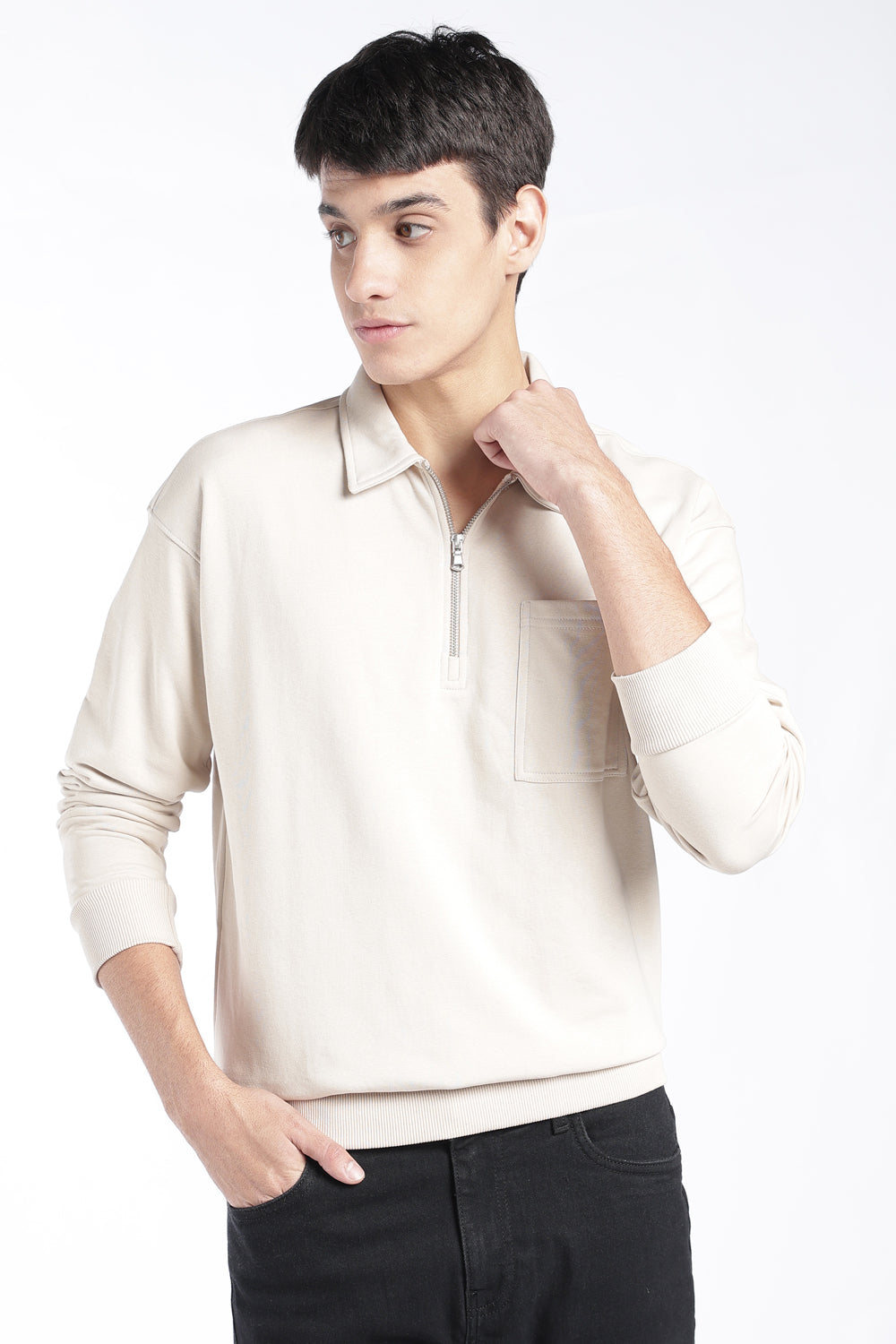 Mens Regular Fit Cream Quarter Zip Sweatshirt - Image 2