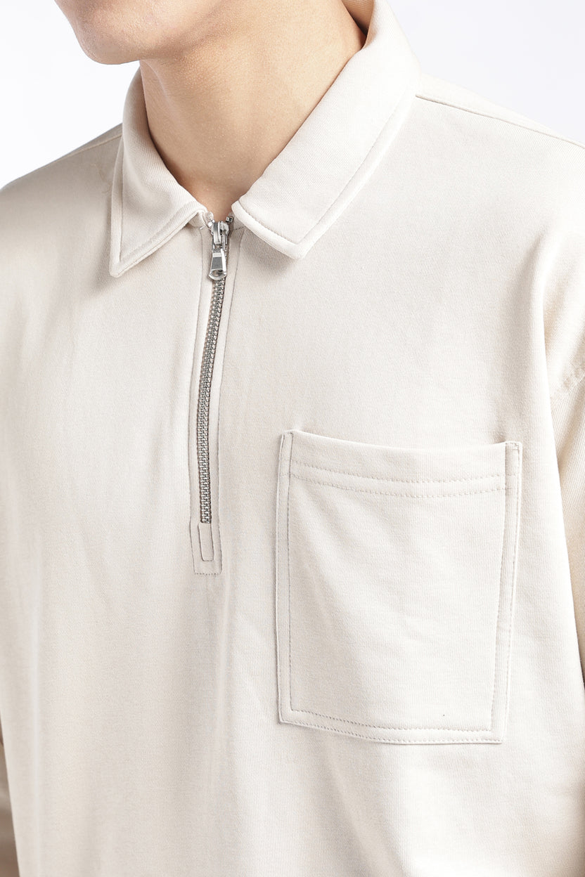 Mens Regular Fit Cream Quarter Zip Sweatshirt - Image 3