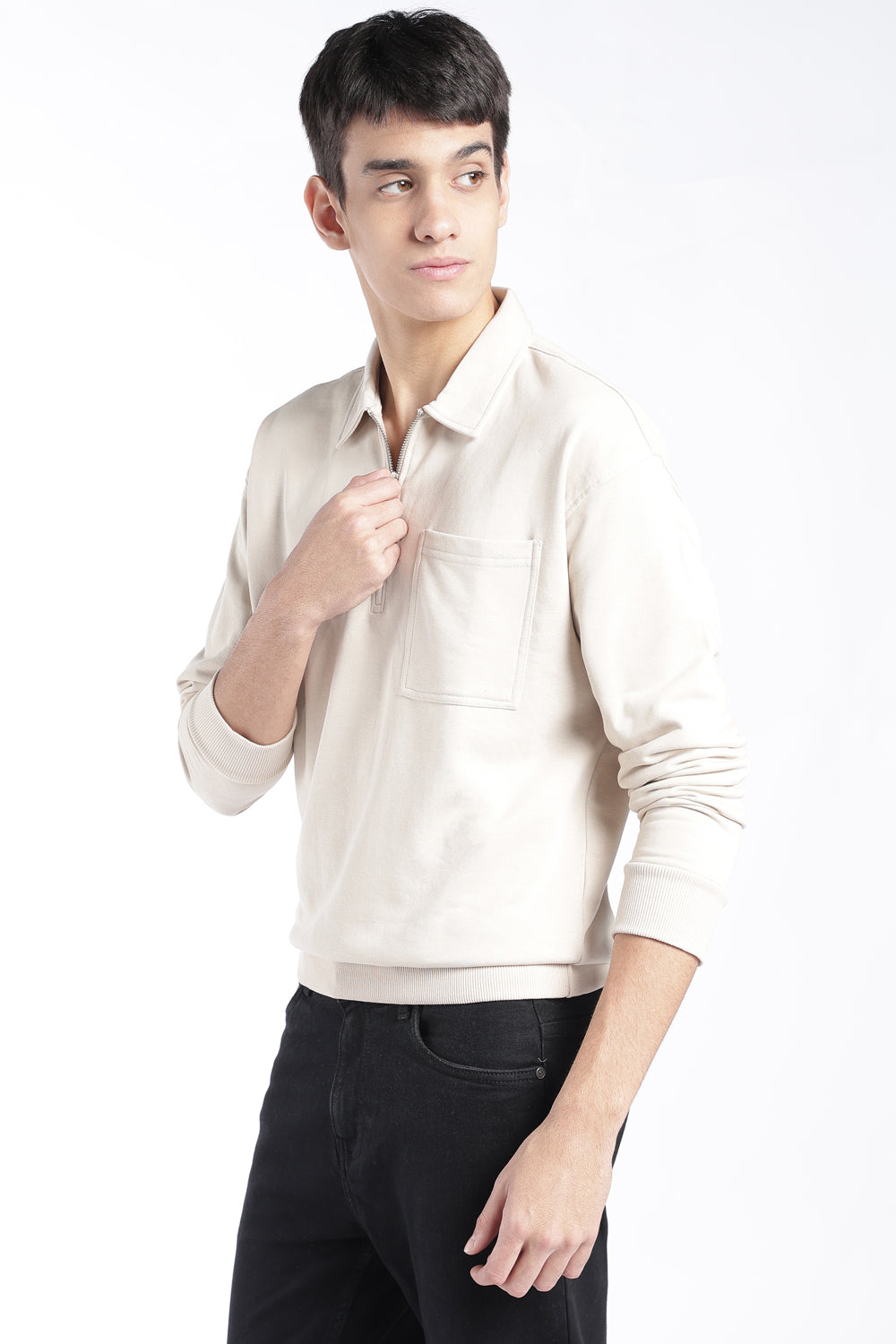 Mens Regular Fit Cream Quarter Zip Sweatshirt - Image 4