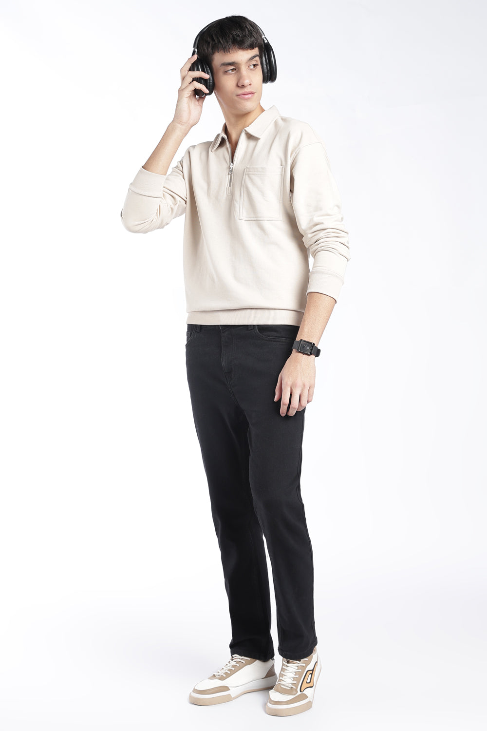 Mens Regular Fit Cream Quarter Zip Sweatshirt - Image 6