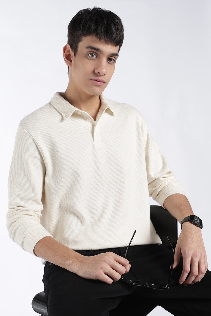 Mens Regular Fit Off White Textured Polo T-Shirt - Image 1