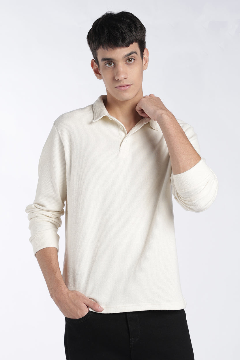 Mens Regular Fit Off White Textured Polo T-Shirt - Image 2