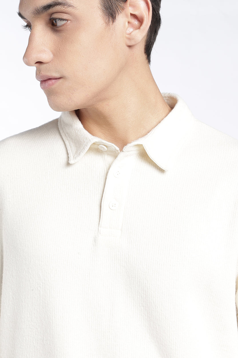 Mens Regular Fit Off White Textured Polo T-Shirt - Image 3