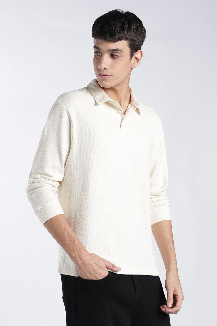 Mens Regular Fit Off White Textured Polo T-Shirt - Image 4