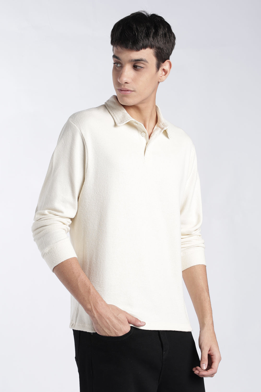 Mens Regular Fit Off White Textured Polo T-Shirt - Image 4