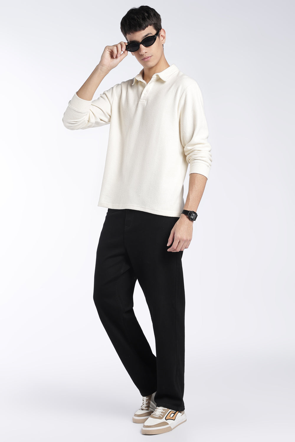 Mens Regular Fit Off White Textured Polo T-Shirt - Image 6