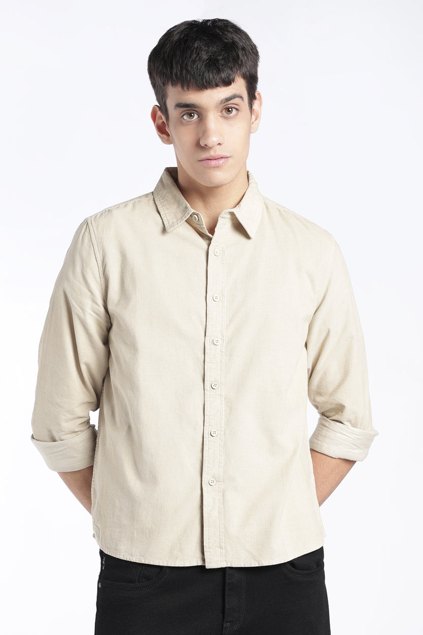 Mens Regular Fit Cream Corduroy Shirt - Image 2