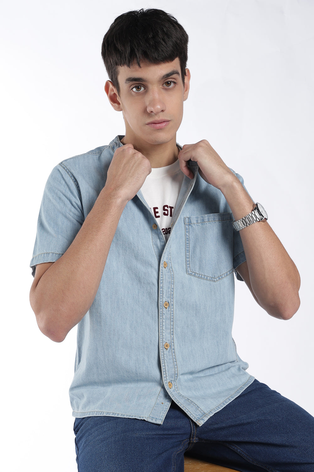 Mens Regular Fit Light Blue Mandarin Shirt - Image 1
