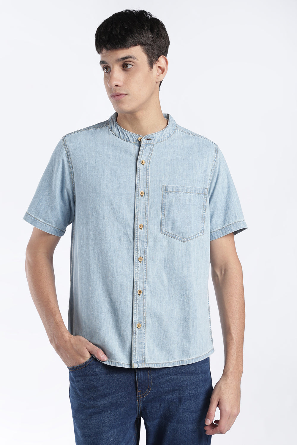 Mens Regular Fit Light Blue Mandarin Shirt - Image 2