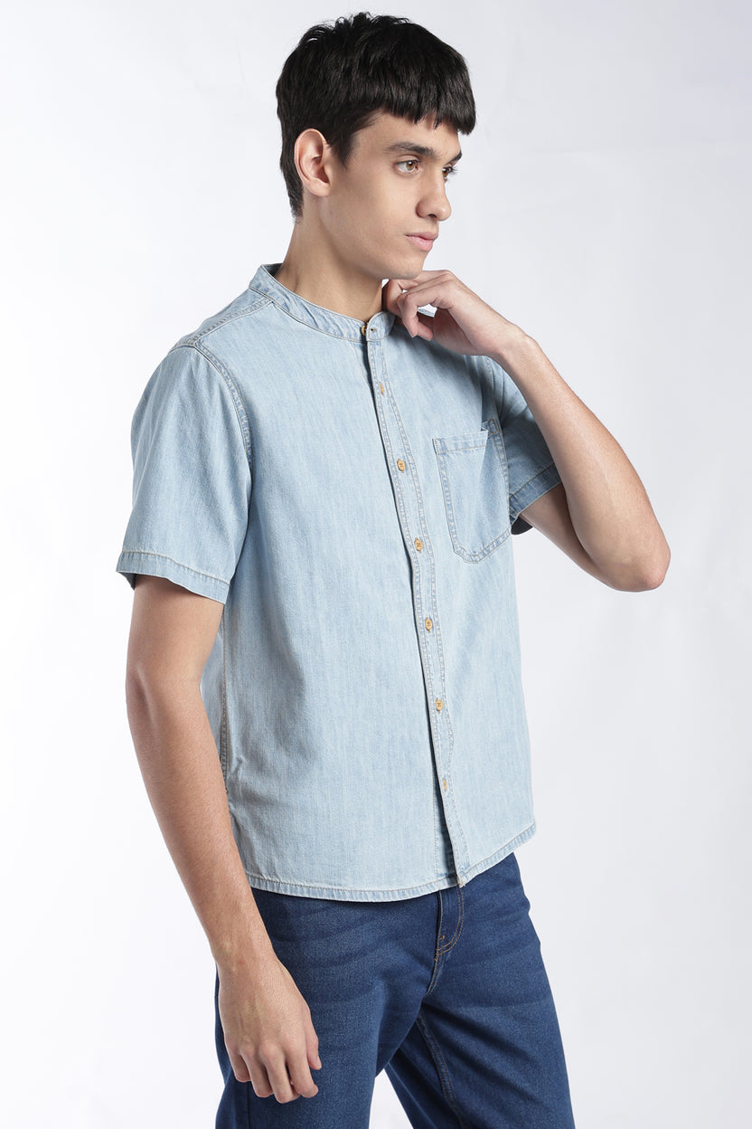 Mens Regular Fit Light Blue Mandarin Shirt - Image 4