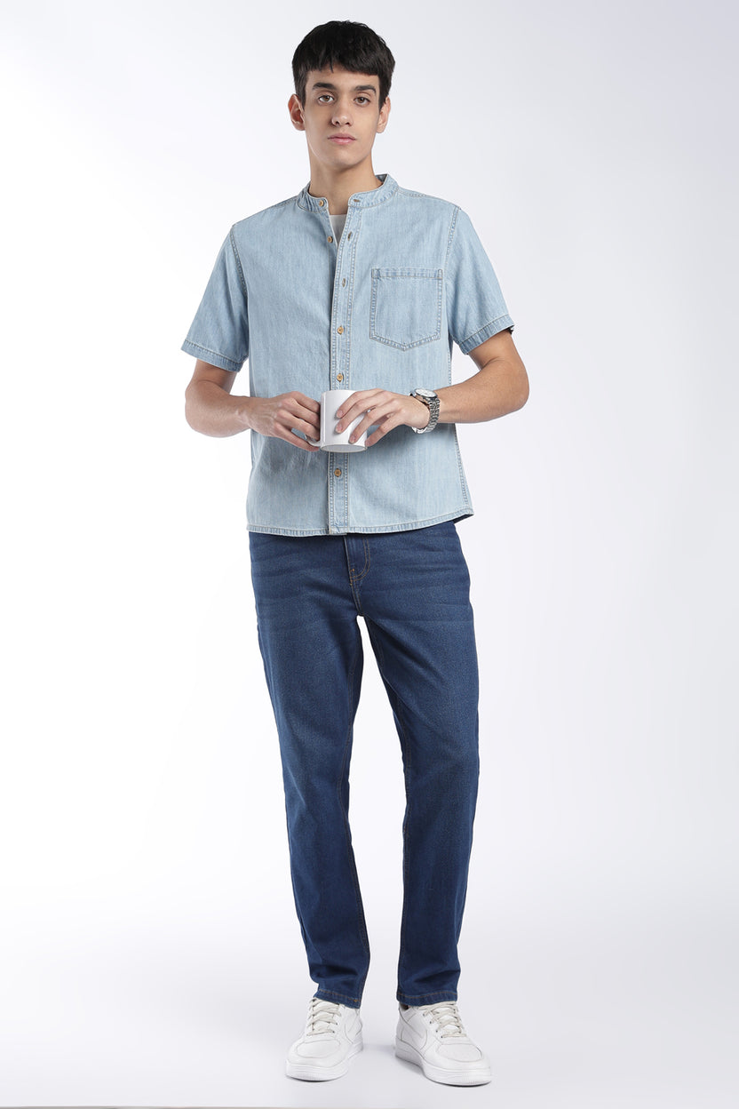 Mens Regular Fit Light Blue Mandarin Shirt - Image 6