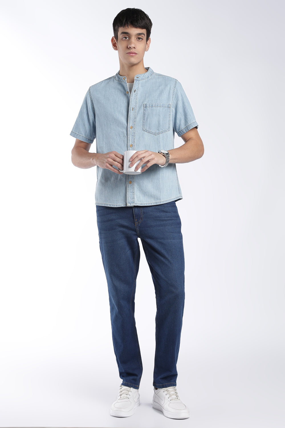 Mens Regular Fit Light Blue Mandarin Shirt - Image 6