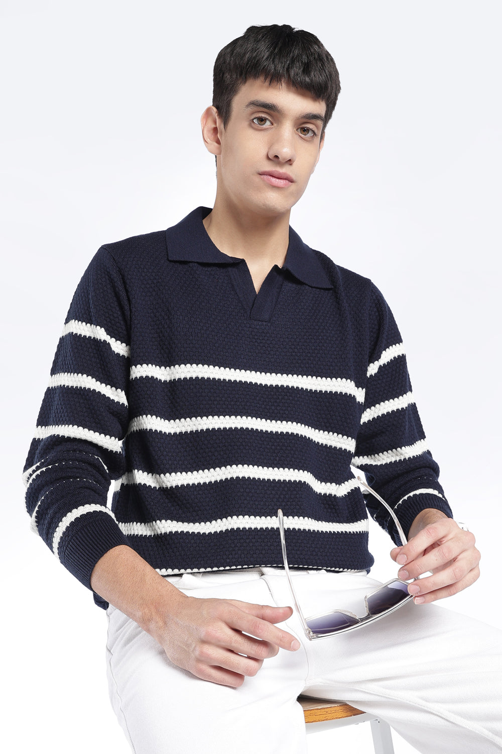 Mens Relaxed Fit Navy Striped Knit Sweater - Image 1