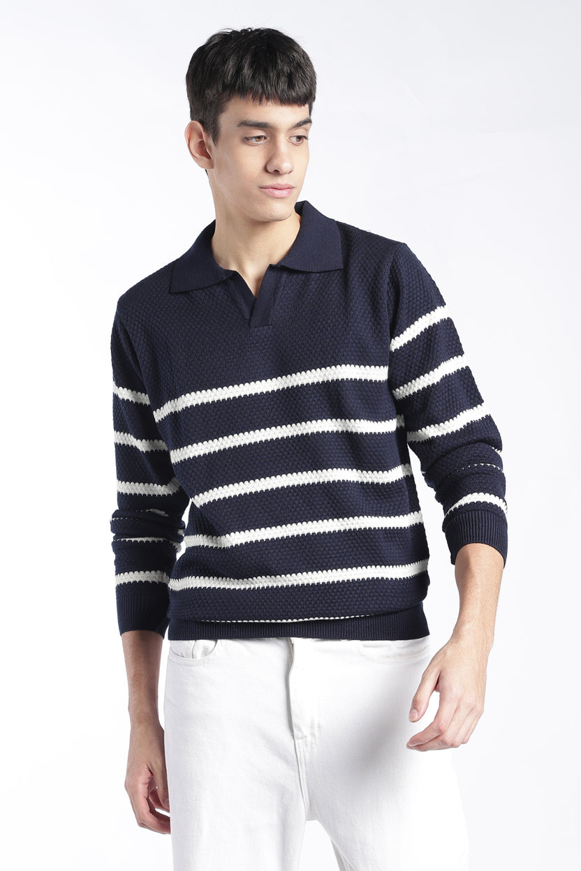 Mens Relaxed Fit Navy Striped Knit Sweater - Image 2