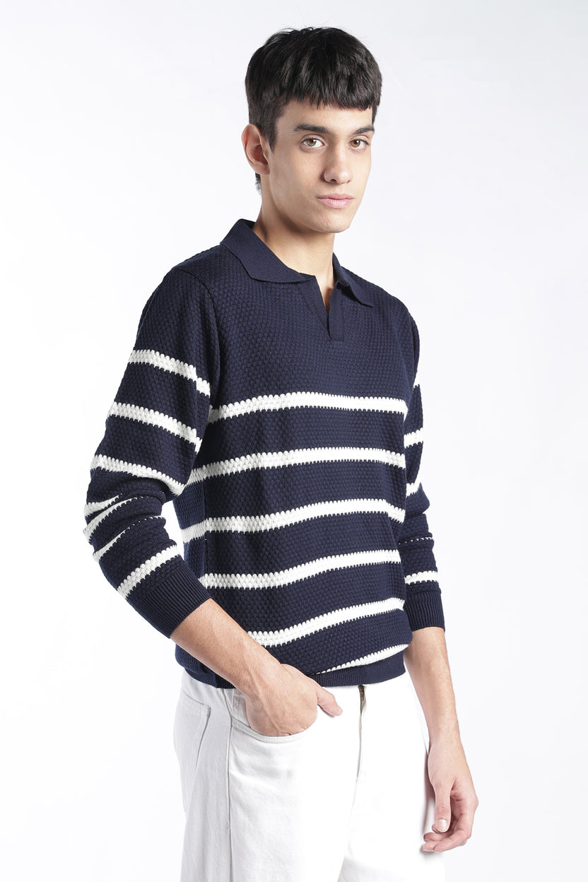 Mens Relaxed Fit Navy Striped Knit Sweater - Image 4