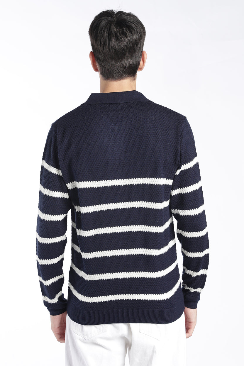 Mens Relaxed Fit Navy Striped Knit Sweater - Image 5