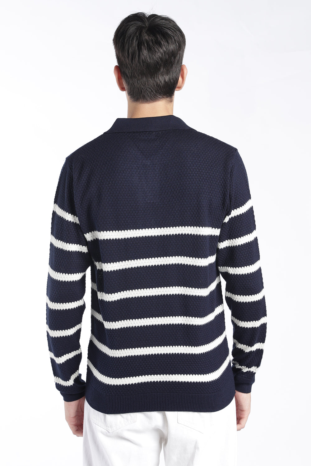 Mens Relaxed Fit Navy Striped Knit Sweater - Image 5