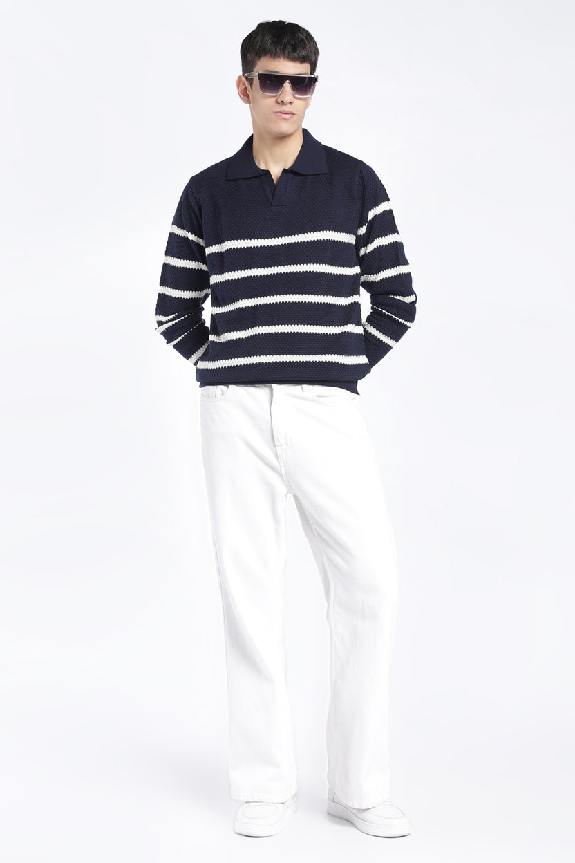 Mens Relaxed Fit Navy Striped Knit Sweater - Image 6