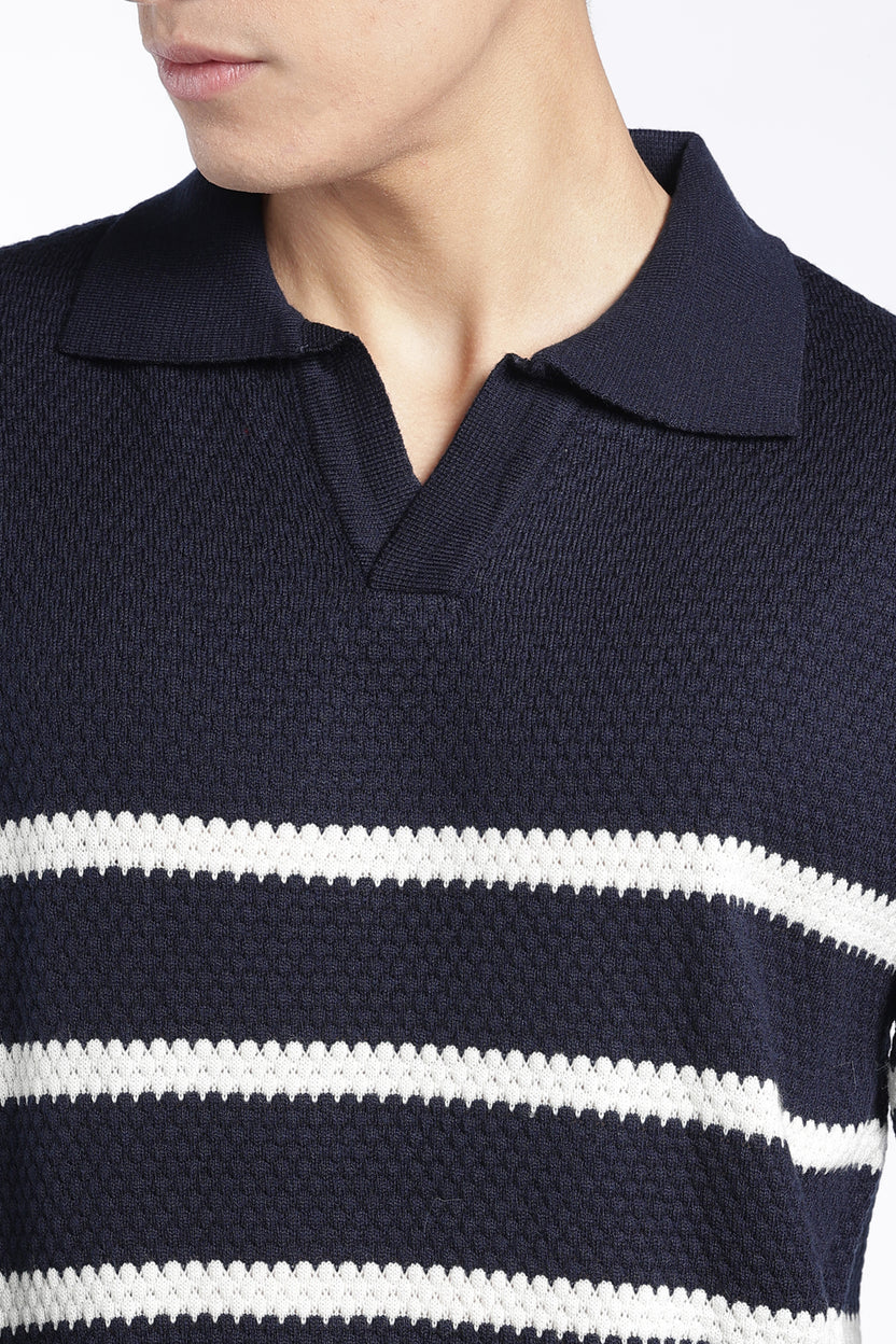 Mens Relaxed Fit Navy Striped Knit Sweater - Image 7