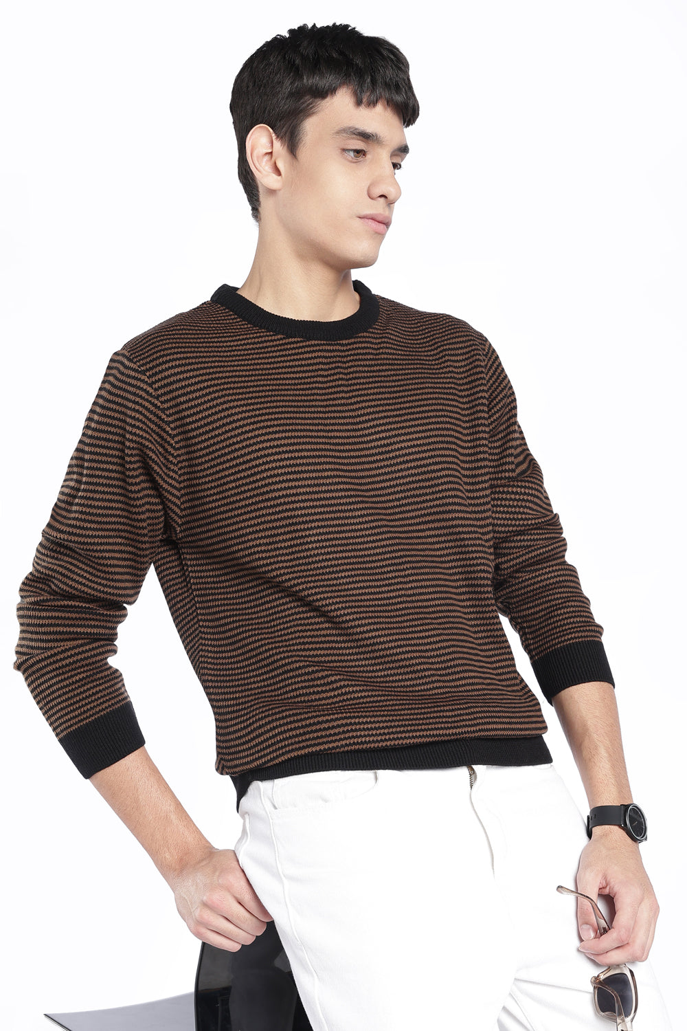 Mens Regular Fit Brown Striped Knit Sweater - Image 1
