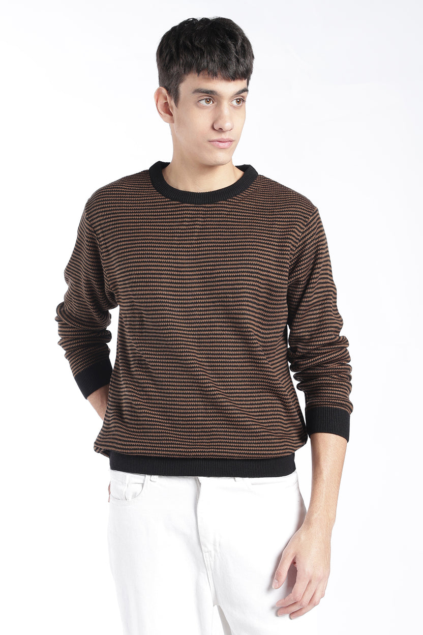 Mens Regular Fit Brown Striped Knit Sweater - Image 2