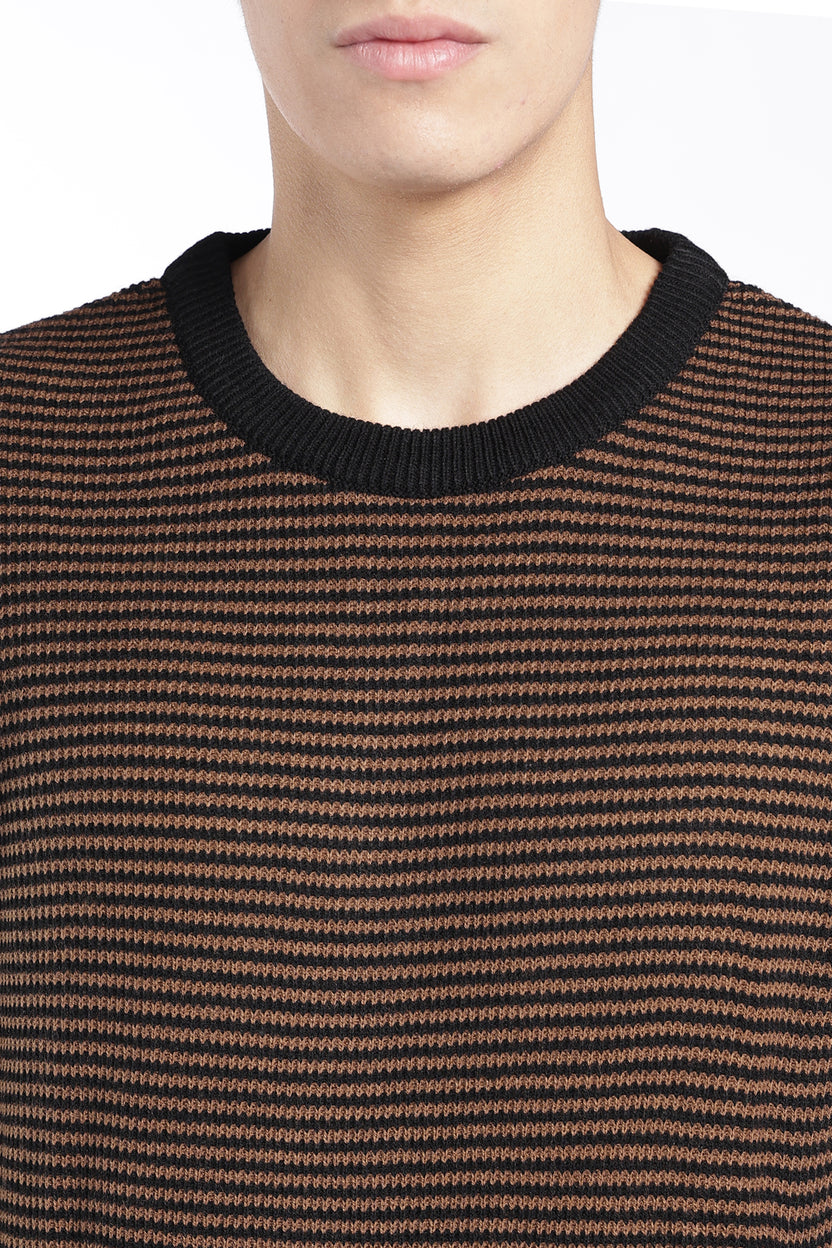 Mens Regular Fit Brown Striped Knit Sweater - Image 3