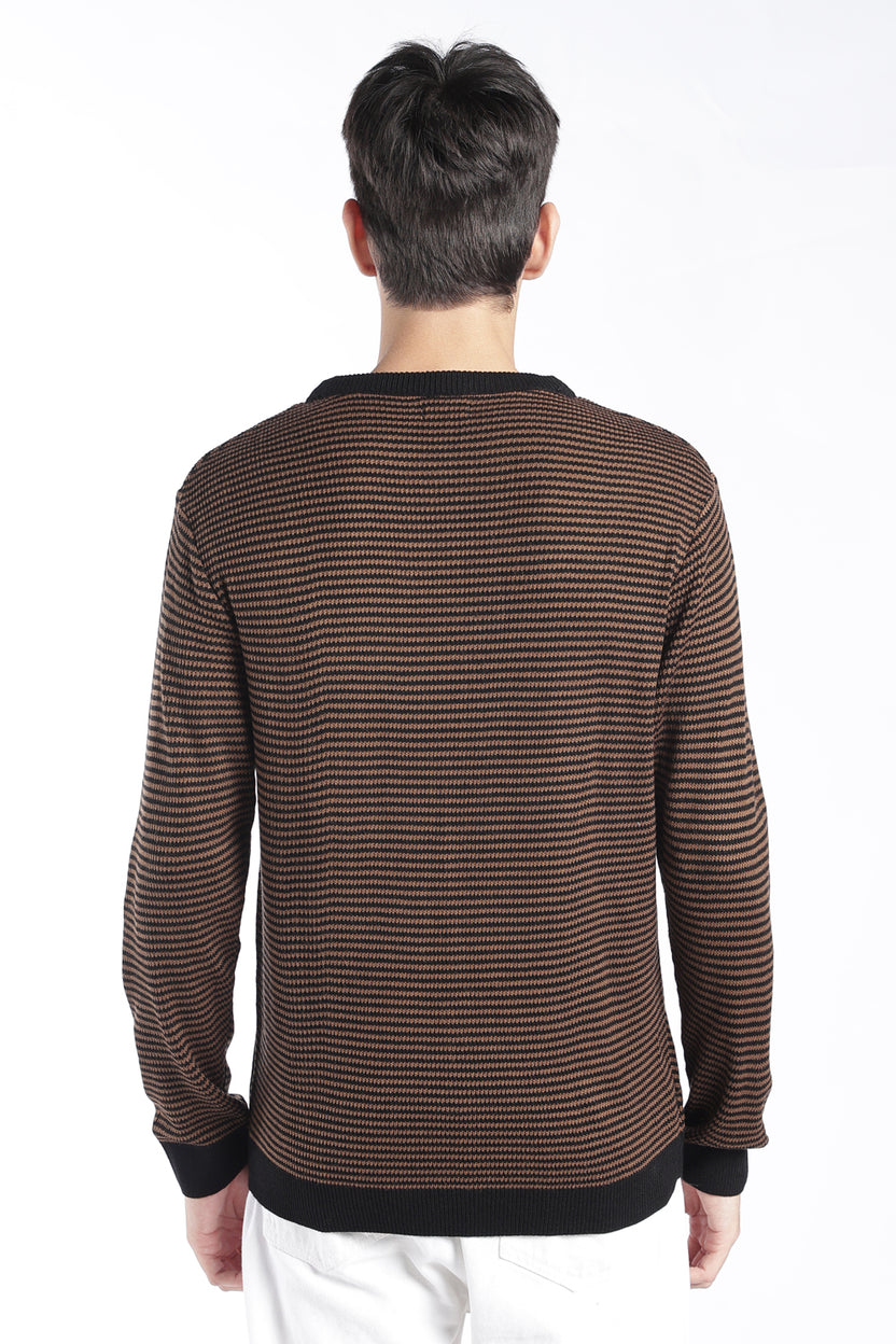 Mens Regular Fit Brown Striped Knit Sweater - Image 5