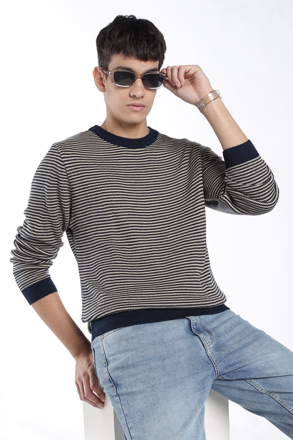 Mens Regular Fit Navy Striped Knit Sweater - Image 1
