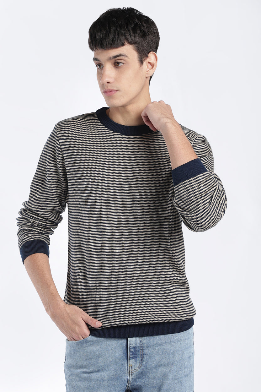 Mens Regular Fit Navy Striped Knit Sweater - Image 2