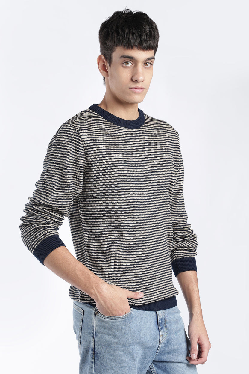 Mens Regular Fit Navy Striped Knit Sweater - Image 4
