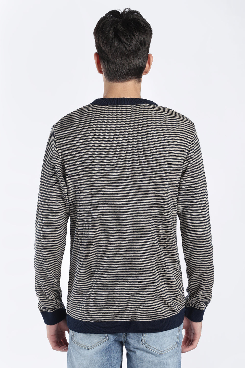 Mens Regular Fit Navy Striped Knit Sweater - Image 5