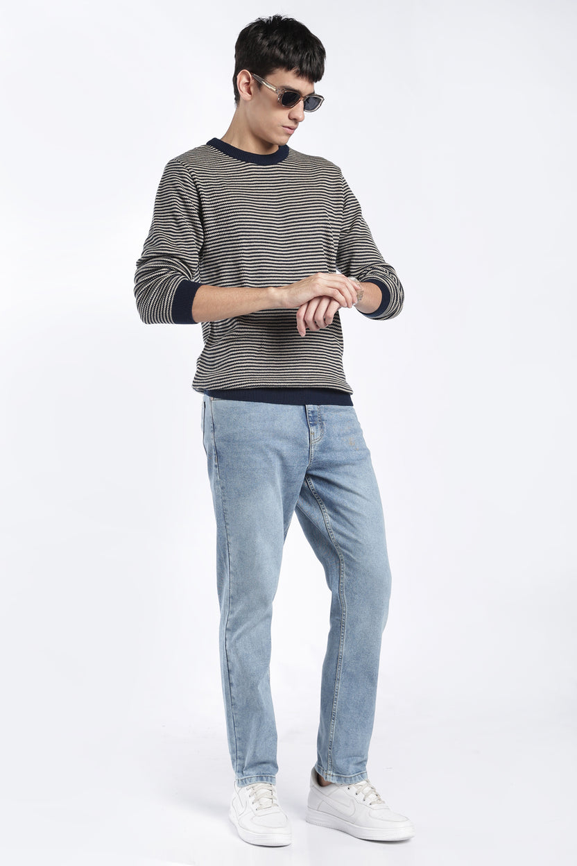 Mens Regular Fit Navy Striped Knit Sweater - Image 6